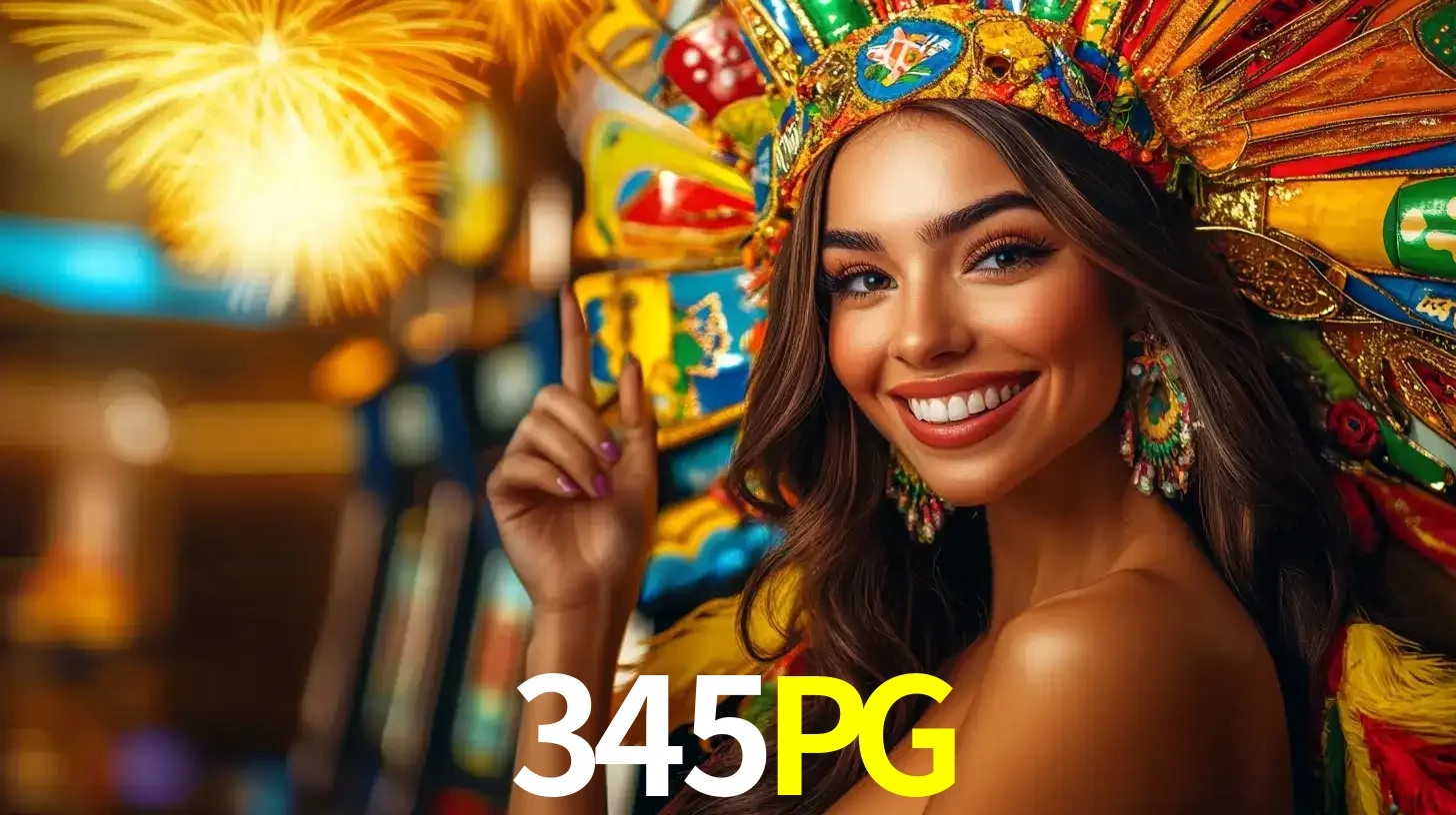 Mulher sorridente com um cocar de carnaval vibrante e colorido, celebrando uma grande vitória nos jogos do cassino 345PG com fogos de artifício ao fundo.