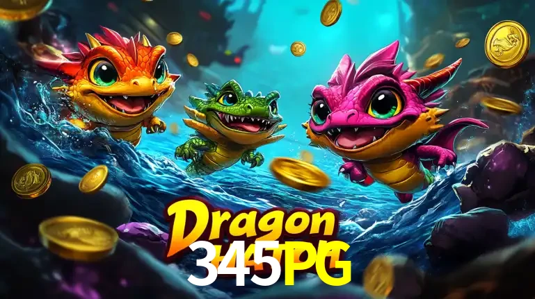 Arte promocional do jogo Dragon Hatch com três adoráveis dragões bebês nadando entre moedas de ouro, um dos slots mais divertidos para jogar no cassino 345PG.