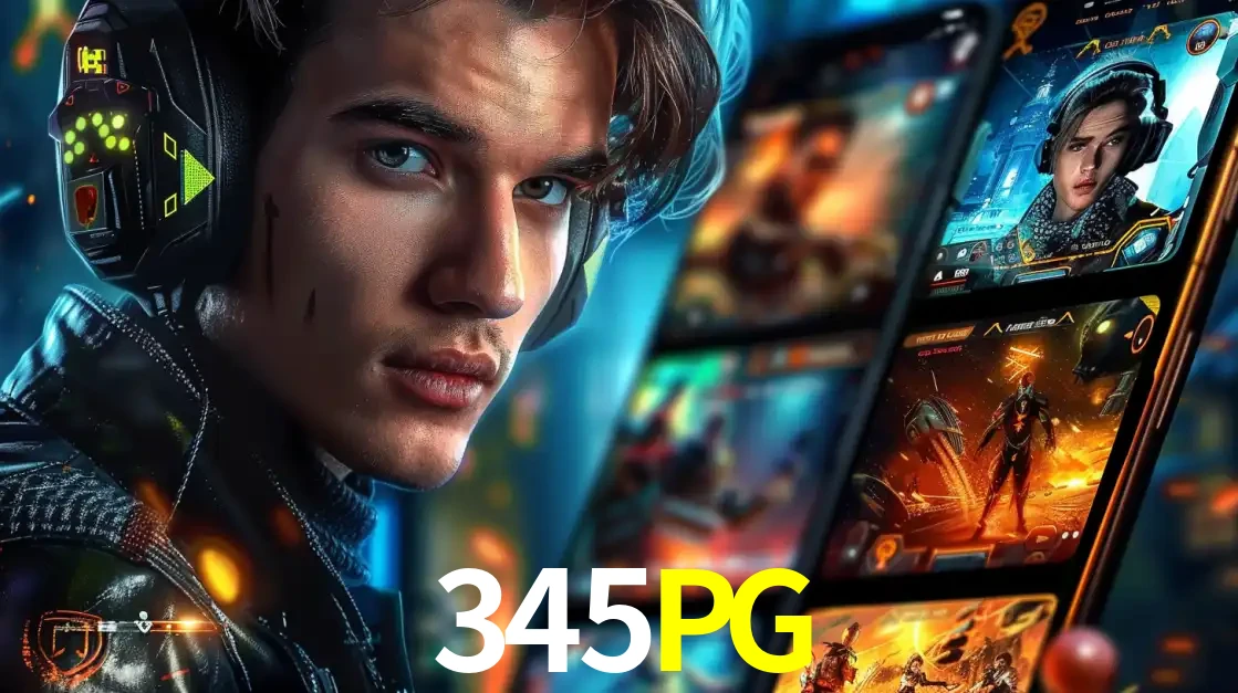 Jovem jogador com fones de ouvido olhando para a câmera, com um aplicativo de jogos e e-sports para celular ao fundo, pronto para a competição e apostas no 345PG.