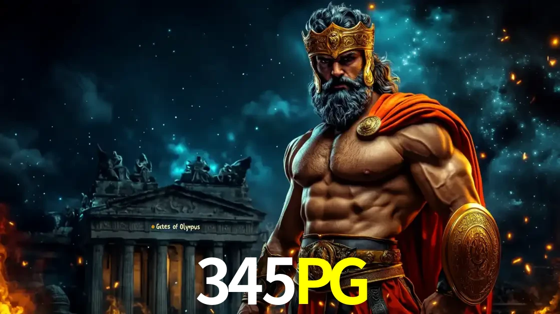 O poderoso Zeus do jogo de slot Gates of Olympus em frente ao seu templo, pronto para lançar multiplicadores divinos e prêmios épicos no cassino online 345PG.