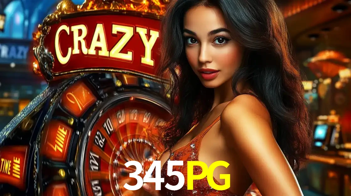 Mulher glamourosa olhando para a câmera com a roda vermelha do Crazy Time ao fundo em um ambiente de cassino, destacando a emoção dos jogos ao vivo no 345PG.