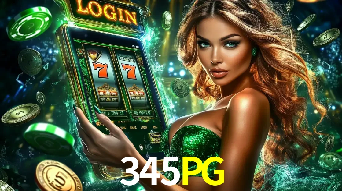 Mulher com tema verde apresentando o aplicativo do cassino 345PG com um jogo de slot de 777, cercada por fichas de cassino e uma aura de sorte.