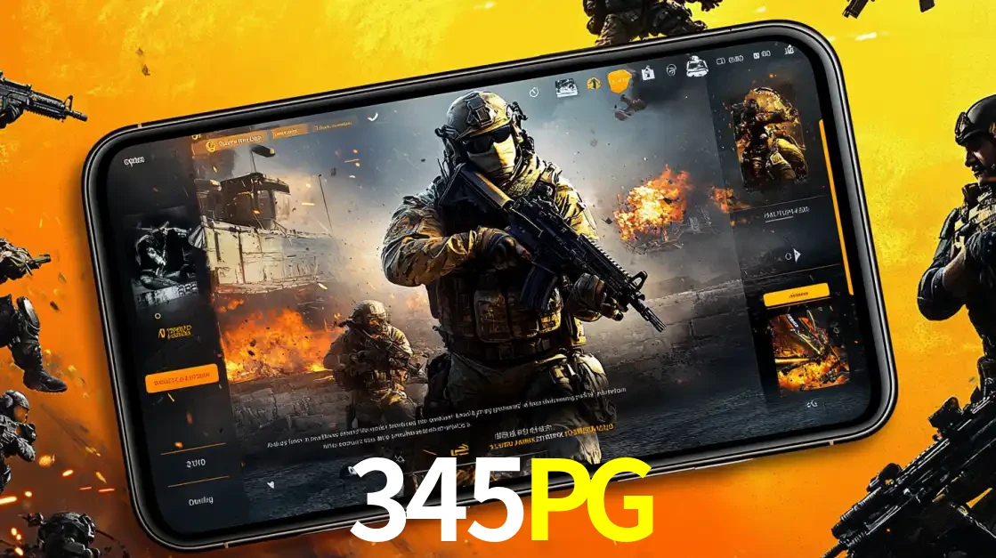 Um smartphone exibindo a interface de um jogo de tiro em primeira pessoa, com um soldado em um cenário de batalha, representando a ação dos e-sports para apostar no 345PG.