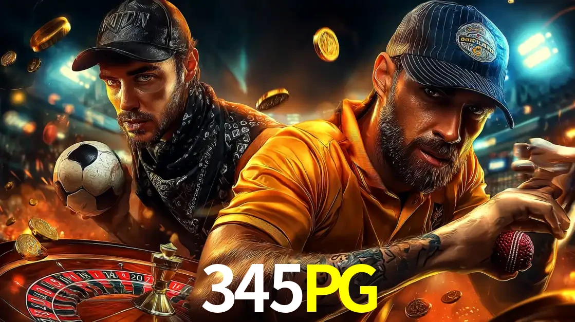 Montagem de apostas esportivas e cassino no 345PG, com um homem segurando uma bola de futebol e outro uma de beisebol sobre uma roleta e moedas voadoras.