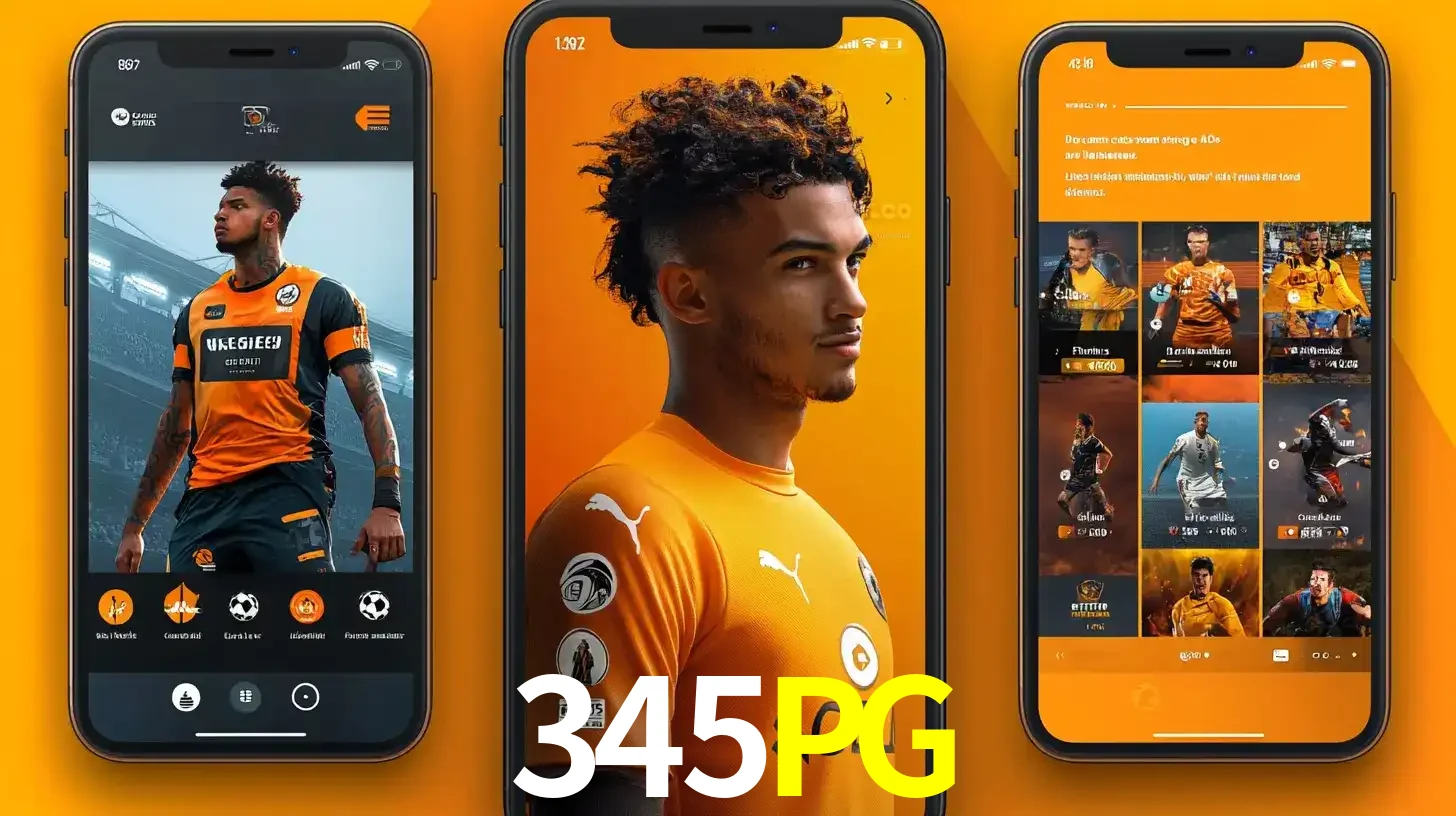Interface do aplicativo de apostas esportivas 345PG em três telas de celular, mostrando o perfil de um jogador de futebol e a lista de jogos disponíveis para apostar.
