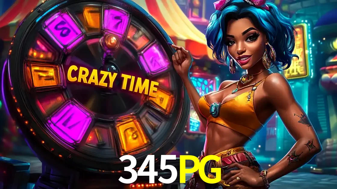 Mulher estilizada com cabelo azul e visual vibrante posando ao lado da roda de prêmios do game show Crazy Time, convidando para a diversão e os bônus do cassino 345PG.