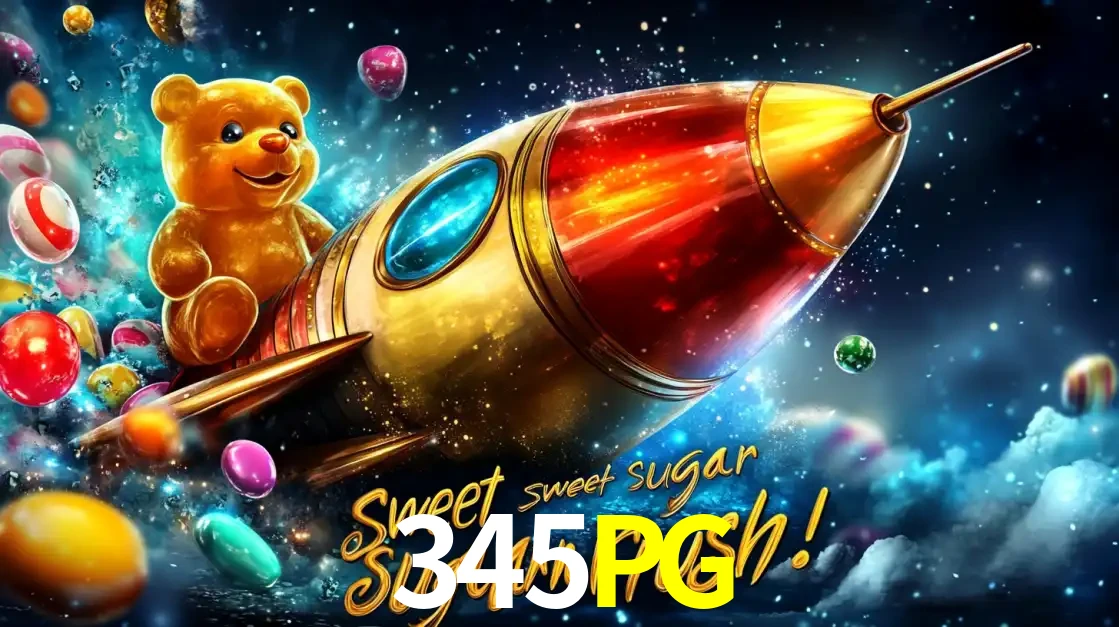 Arte promocional do jogo de slot Sugar Rush, com um urso de pelúcia em um foguete viajando pelo espaço de doces, um dos jogos divertidos disponíveis no cassino 345PG.