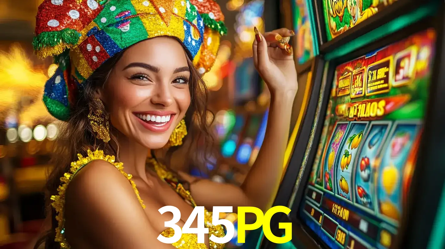 Mulher feliz com traje de carnaval amarelo e colorido ao lado de uma máquina de caça-níqueis, aproveitando a diversão e os jogos temáticos do cassino 345PG.