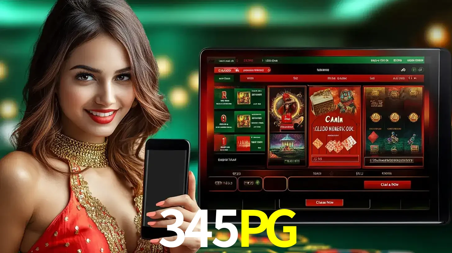 Mulher sorridente segurando um smartphone, ao lado de uma tela exibindo o lobby de jogos do cassino online 345PG, com várias opções de jogos de cartas e slots.